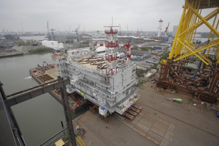 Topside Borssele Alpha to sea on Wagenborg Barge 7