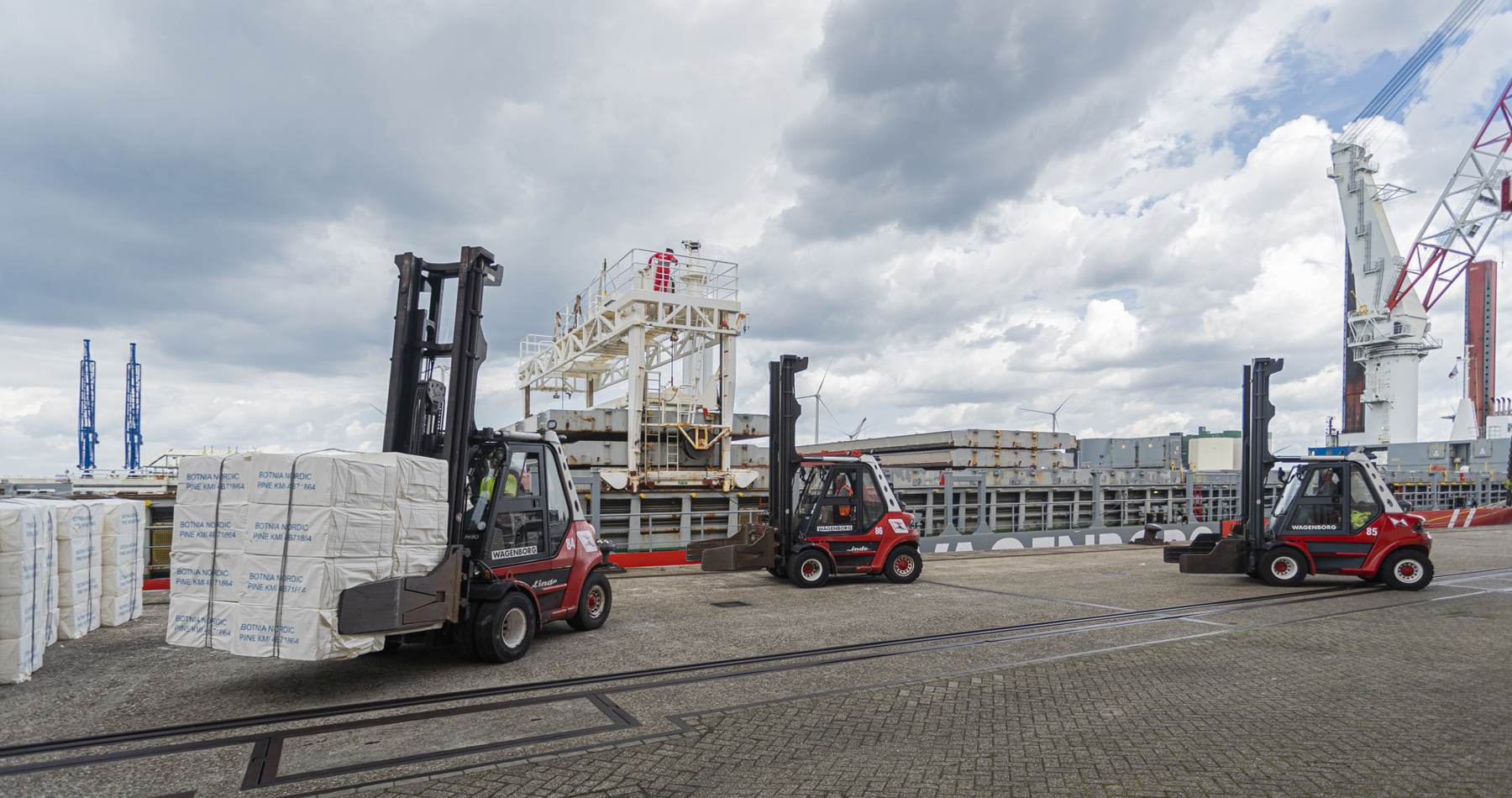 MV Diezeborg discharges wood pulp in Eemshaven